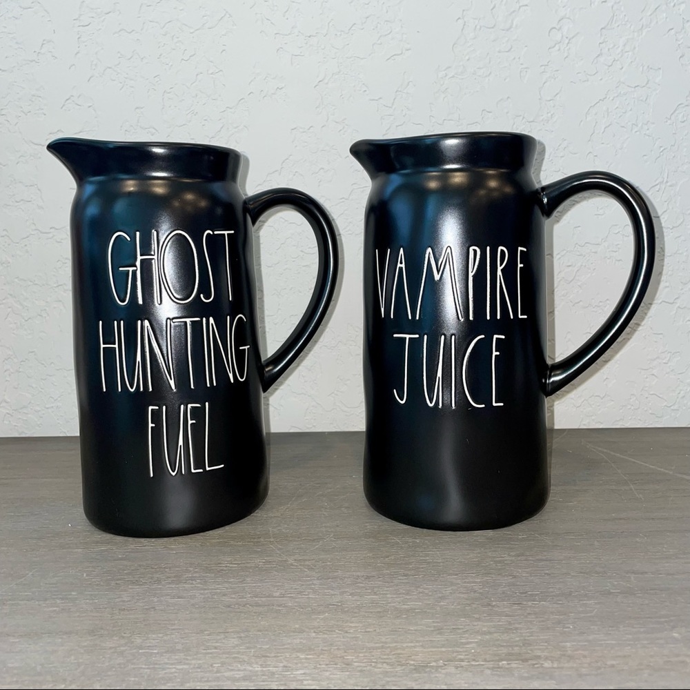 RAE Dunn Set of 2 Halloween Pitchers: GHOST HUNTING FUEL and VAMPIRE JUICE